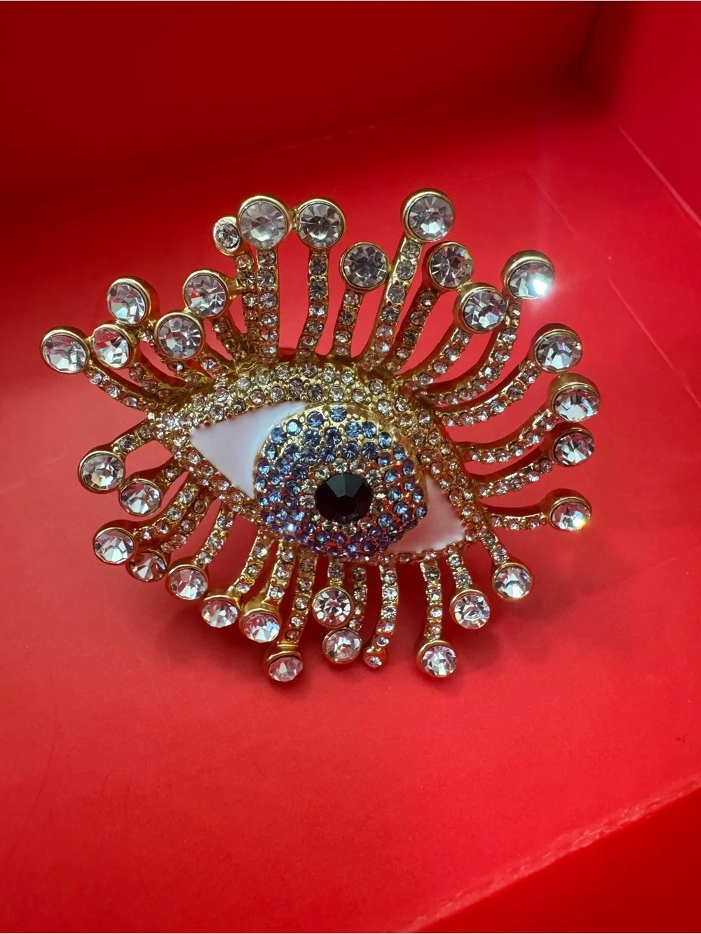 Schiaparelli inspired Gold Crystal Evil Eye ring with Black and Blue Accents